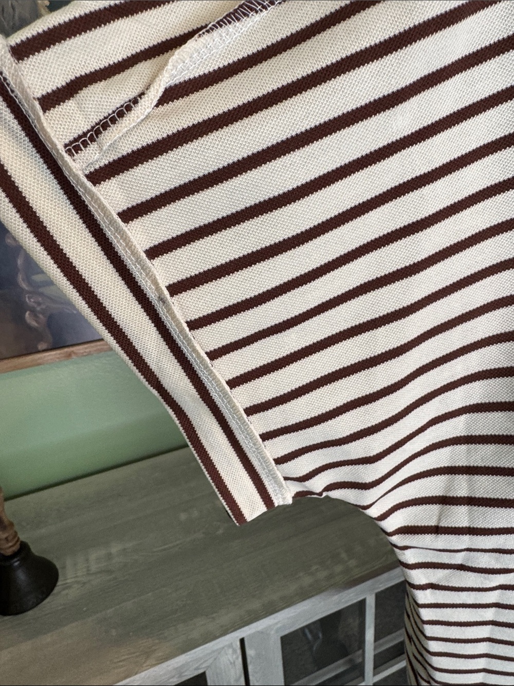 Grace & Emma Striped V-Neck Short Sleeve Top - Cream & Brown Sz XL - Picture 2 of 7